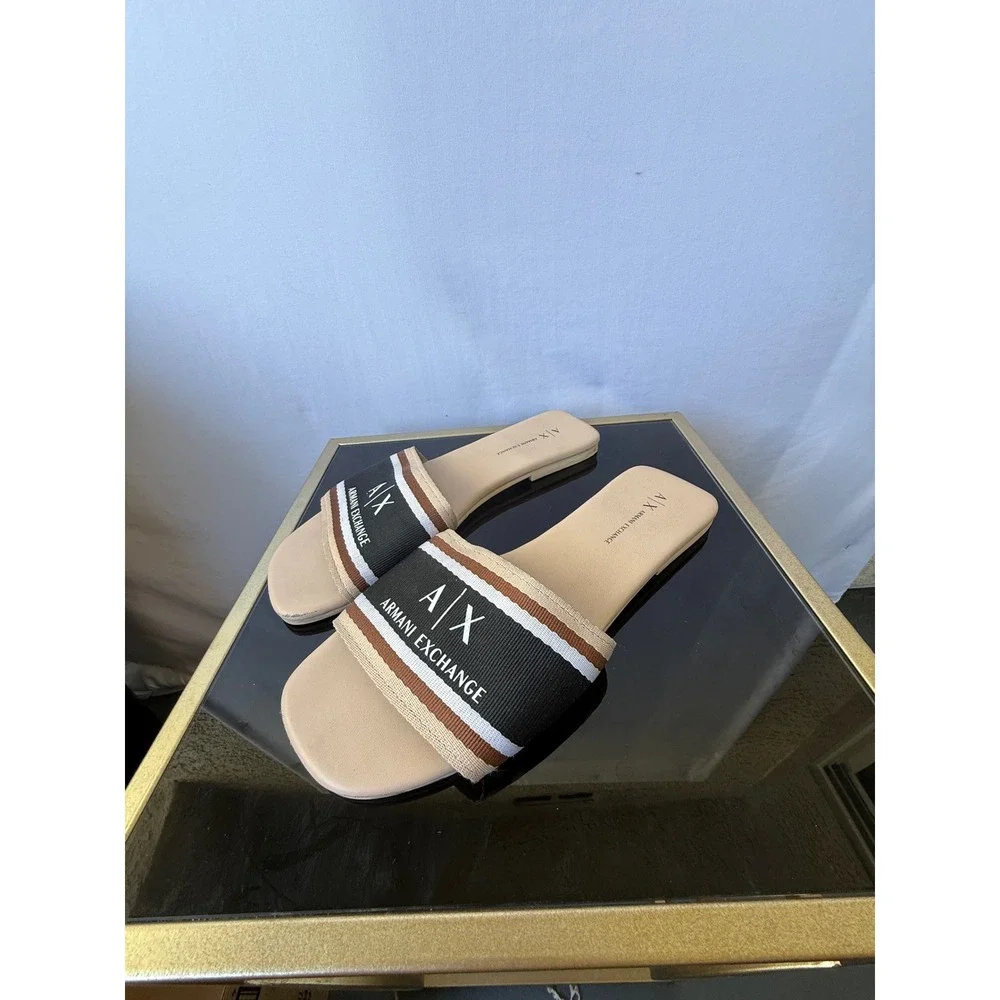 Armani Exchange Womens Logo Stripe Slide Sandals Beige Black Tan XDP045 US 8M‎